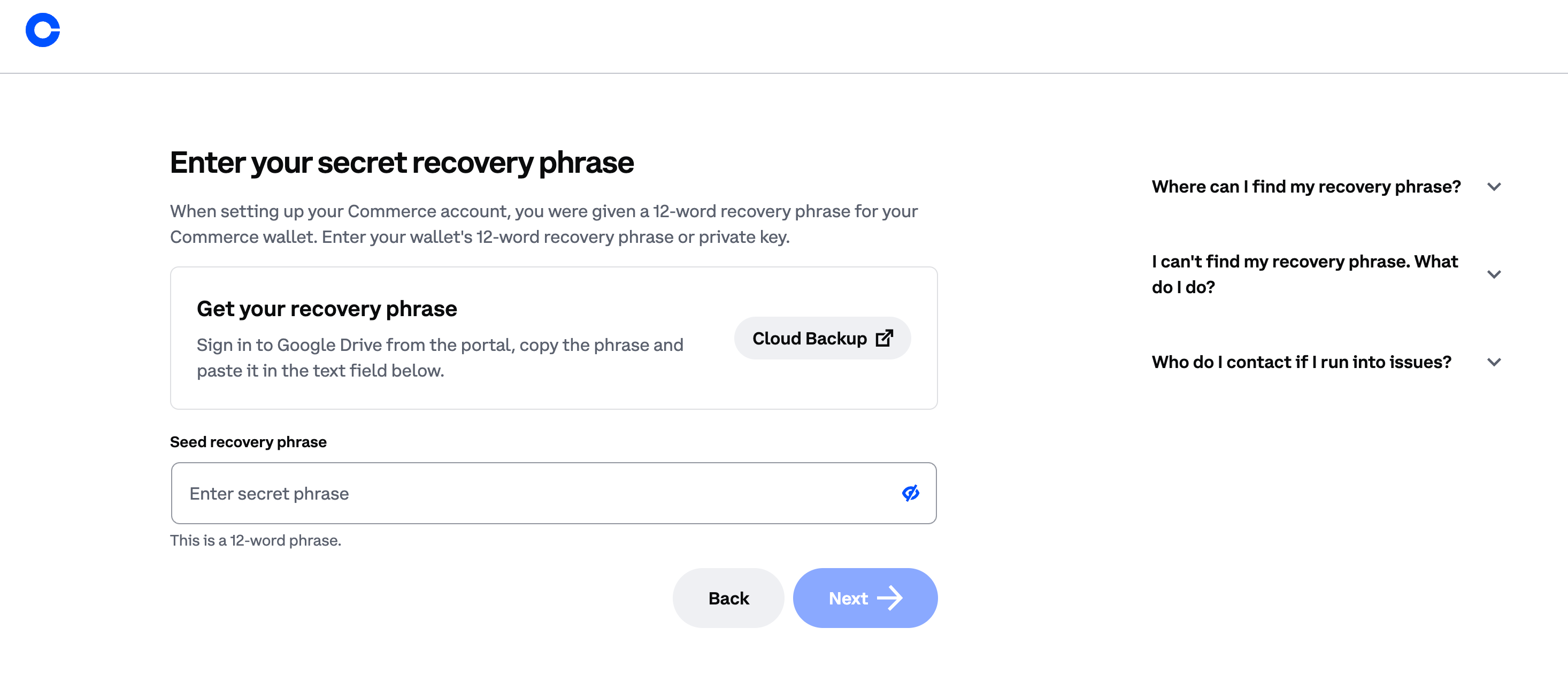 Trang khôi phục seed phrase của Coinbase Commerce