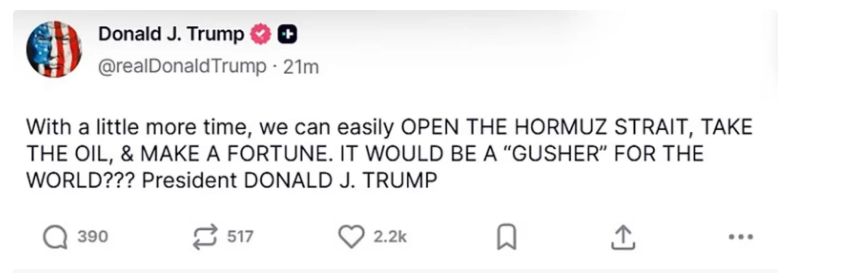 TT Trump: Mỹ có thể mở lại eo biển Hormuz và ‘kiếm một khoản khổng lồ’