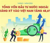 Tổng vốn đầu tư nước ngoài đăng ký vào Việt Nam tháng 1/2025 tăng 48,6%